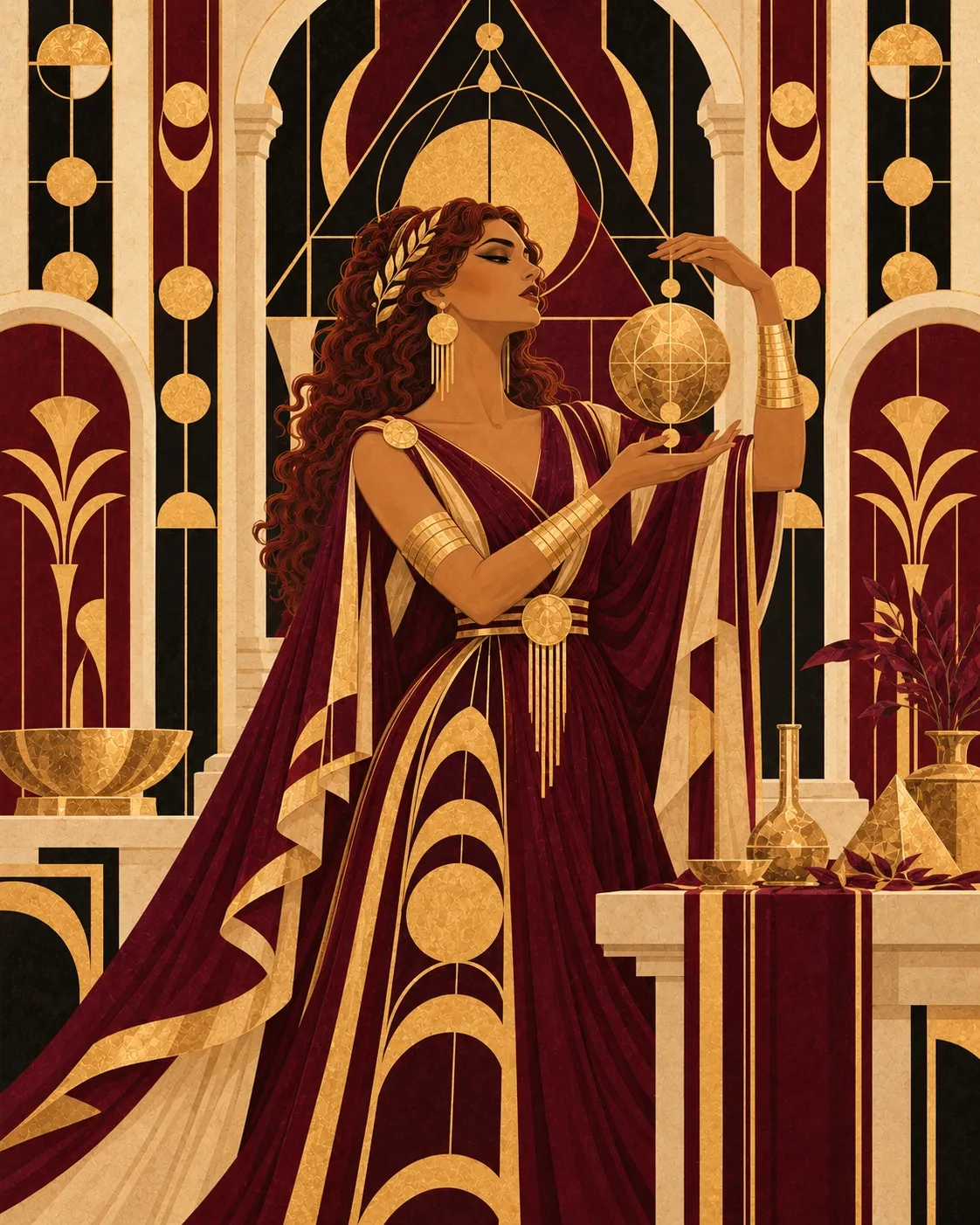 La Alquimista holding a golden sphere among flasks and a pyramid, in a wine and gold robe with wavy hair