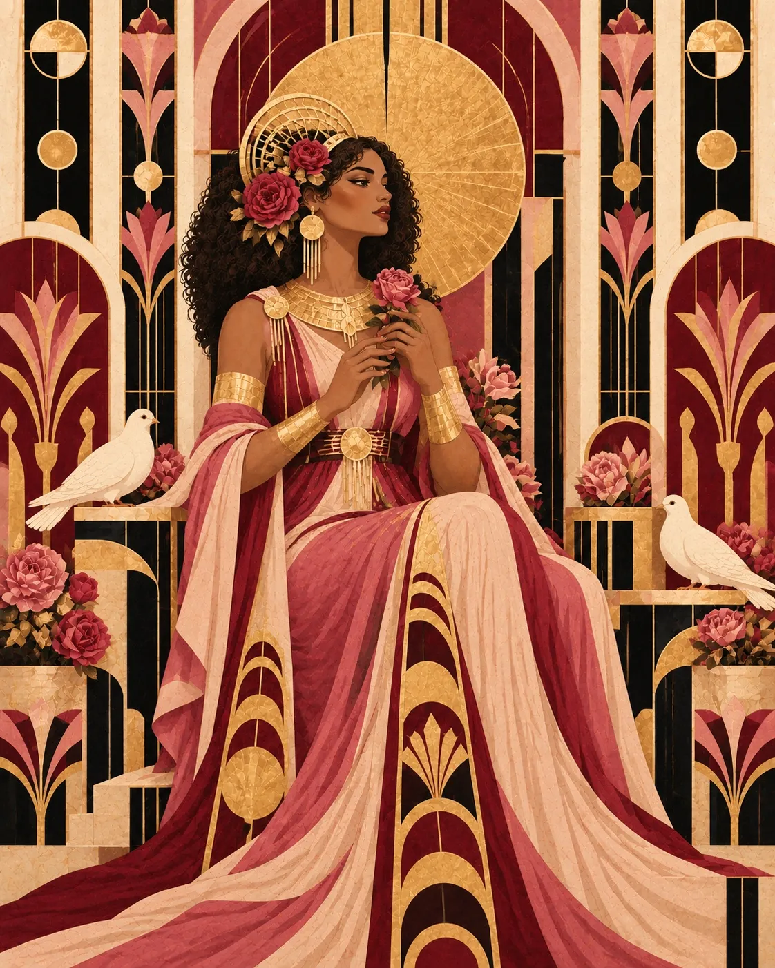 La Amante holding a rose among doves and flowers, in a rose and burgundy robe with a golden halo