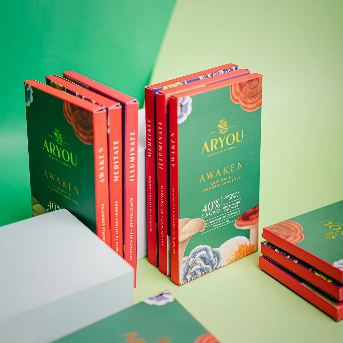Stacked chocolate bars in green and red packaging