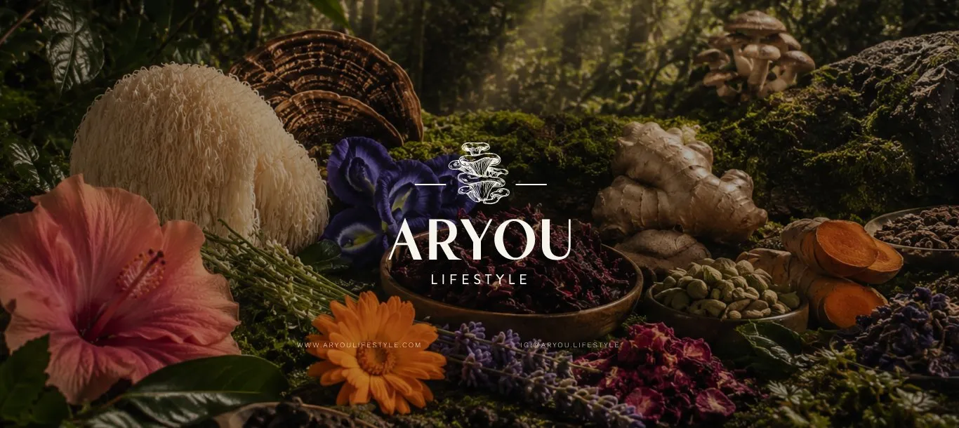 Aryou Lifestyle logo over mushrooms, flowers, and spices in a forest