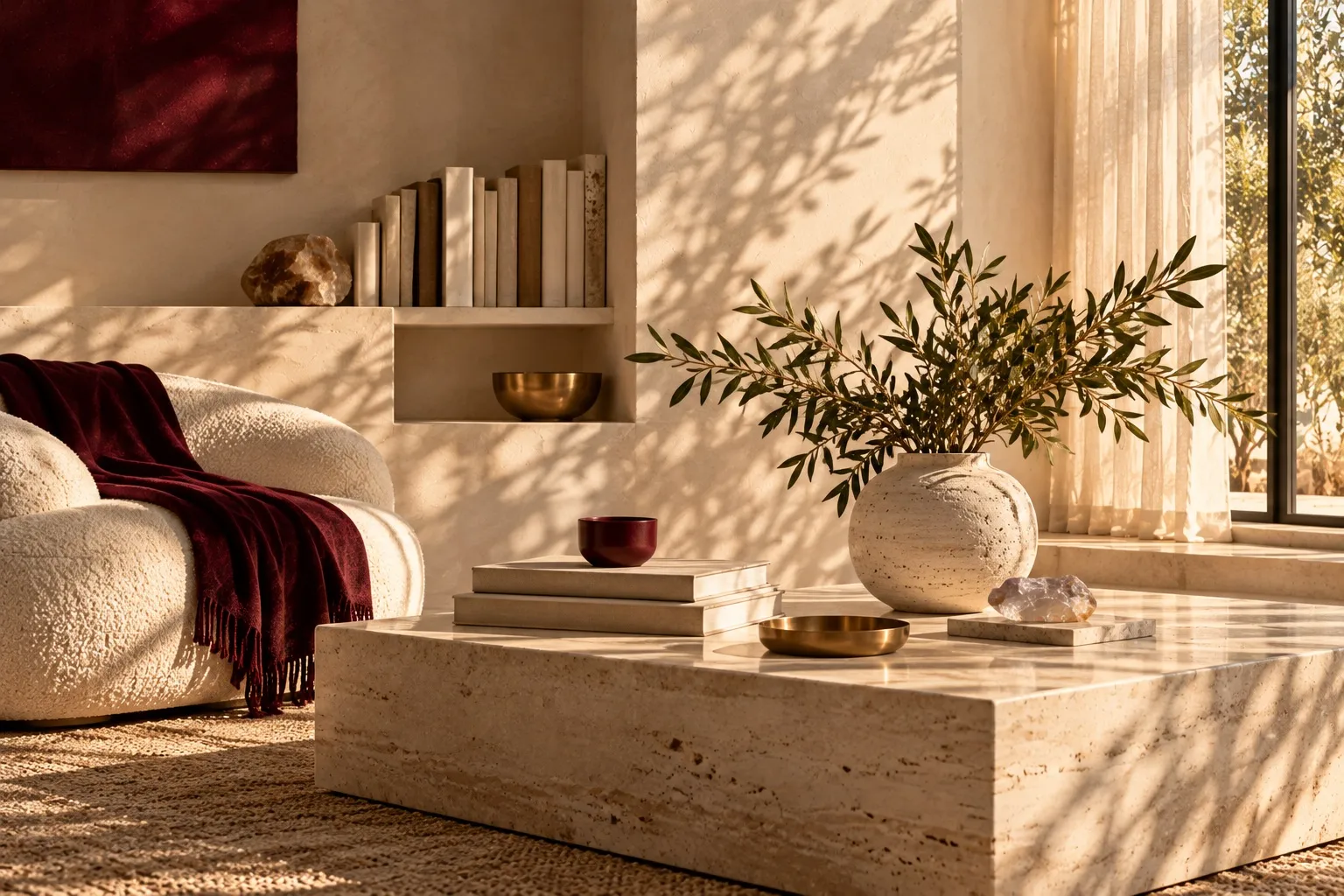 Bright living space with a bouclé armchair, burgundy throw and travertine table in golden light