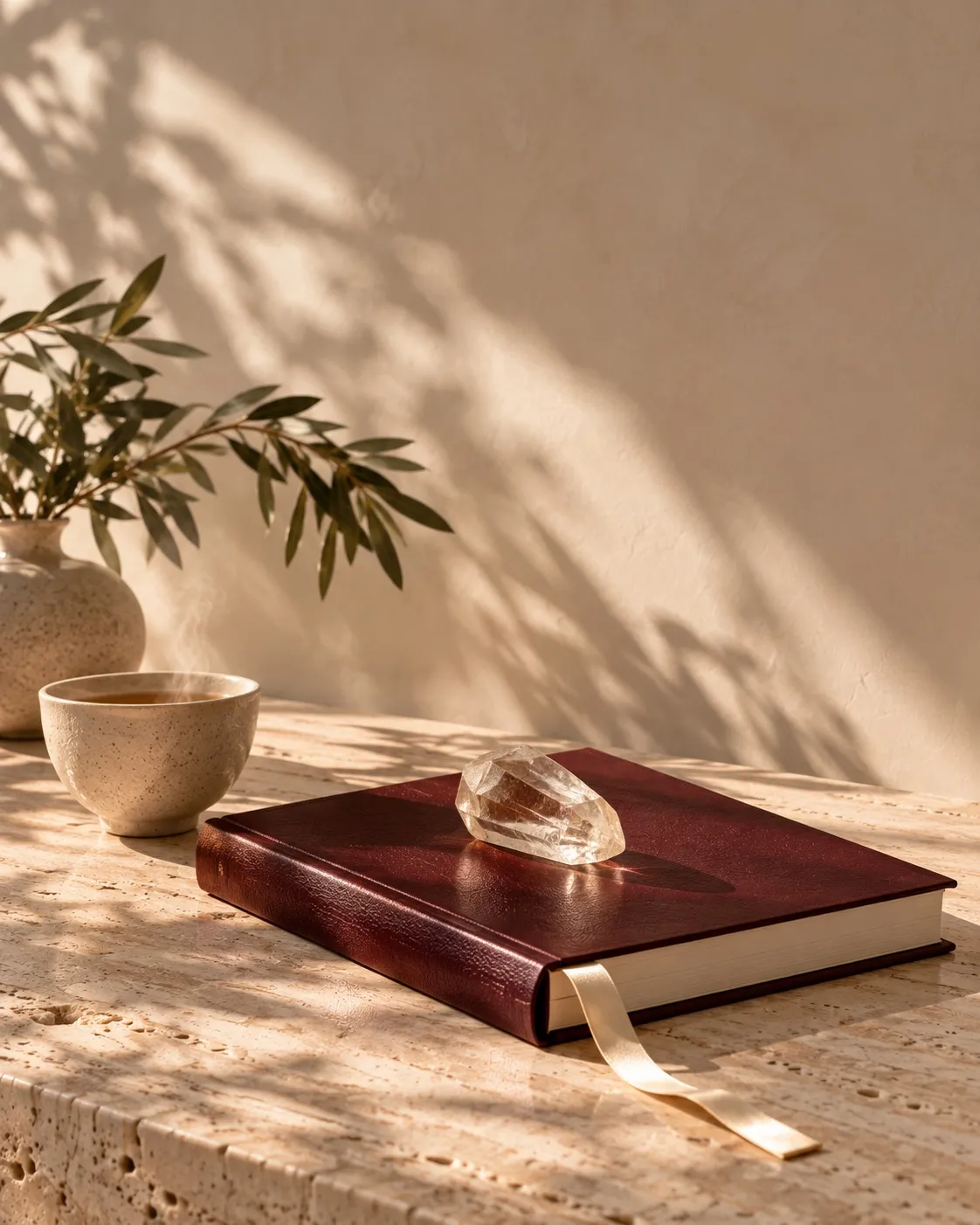 Closed burgundy leather notebook with a clear quartz crystal, a cup of tea and an olive branch on light stone