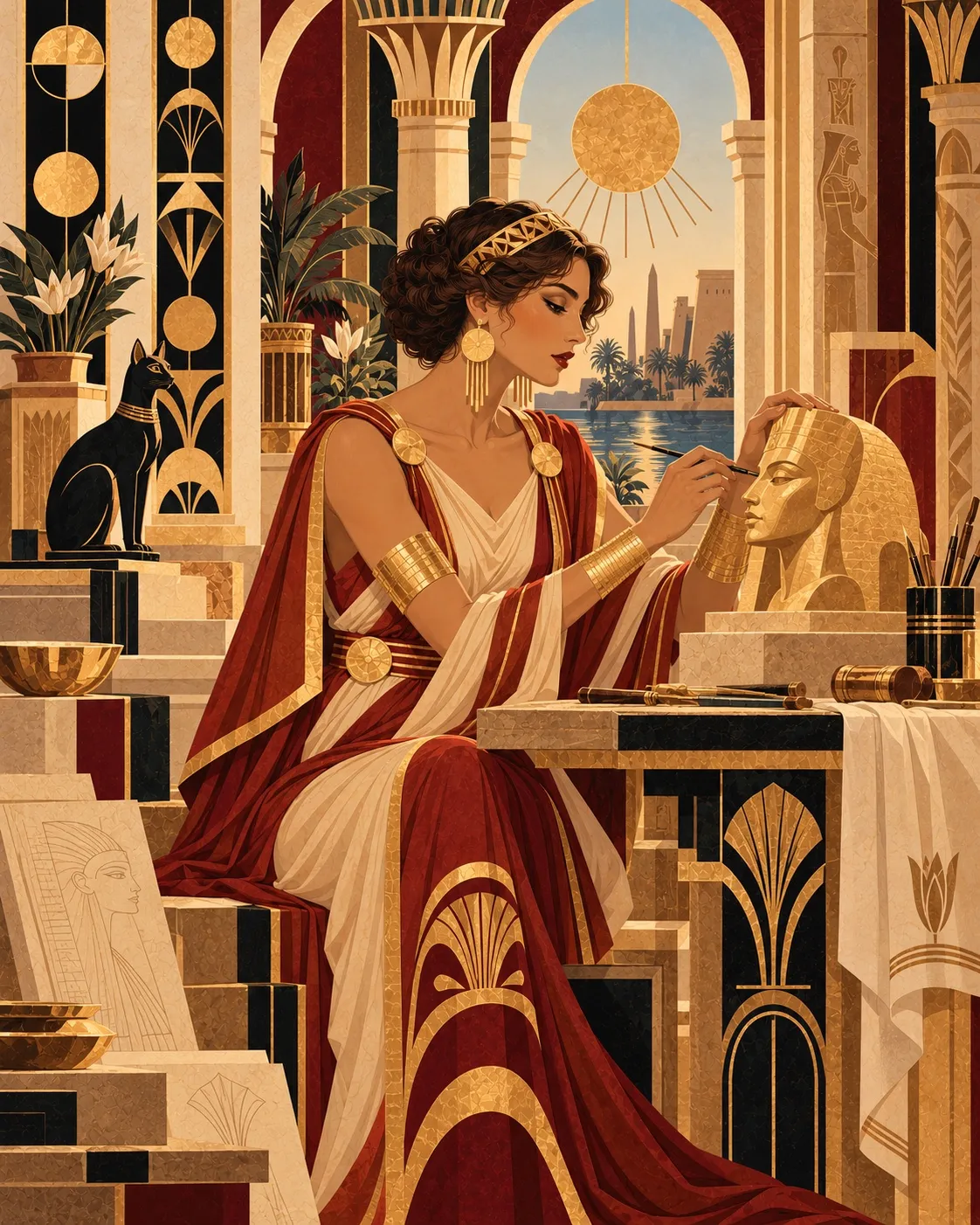 La Creadora painting a golden bust in an Egyptian studio, with a black cat and the Nile behind her
