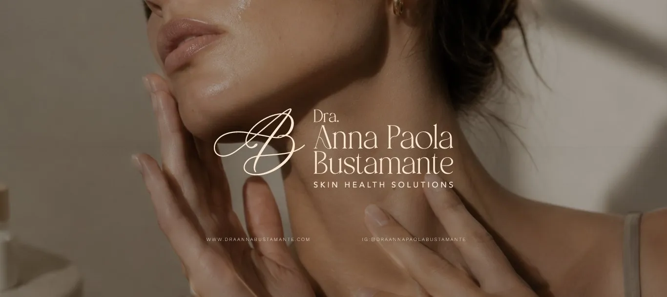 Dra. Anna Paola Bustamante logo over a skin photograph