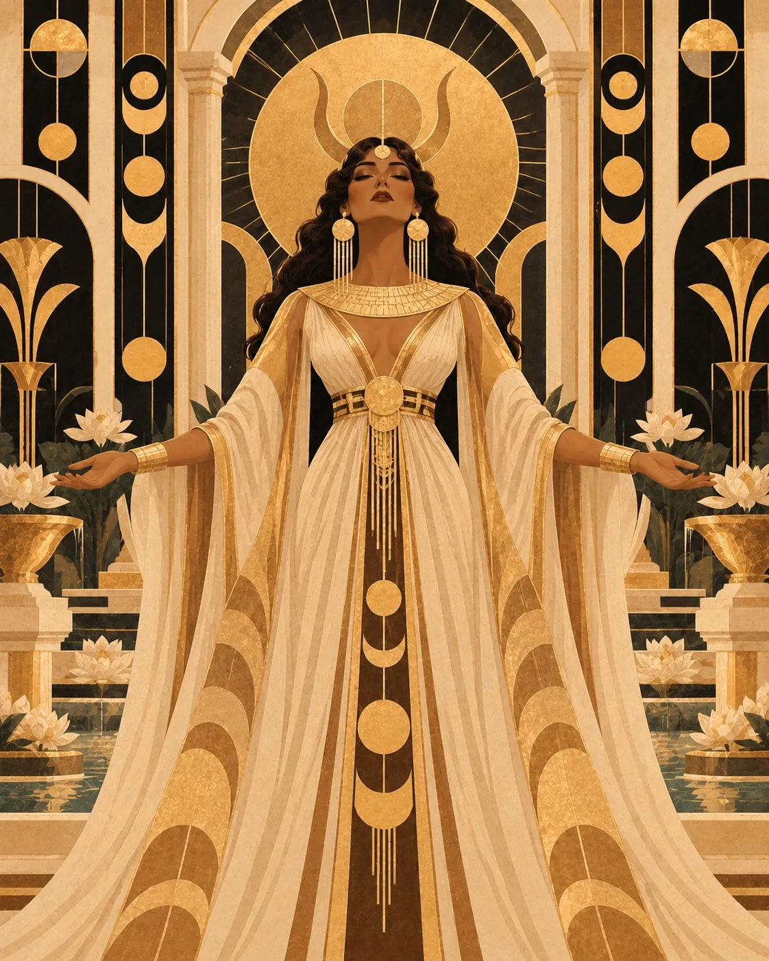 La Diosa with solar horns and a golden disc, arms open, in an ivory robe among lotus flowers