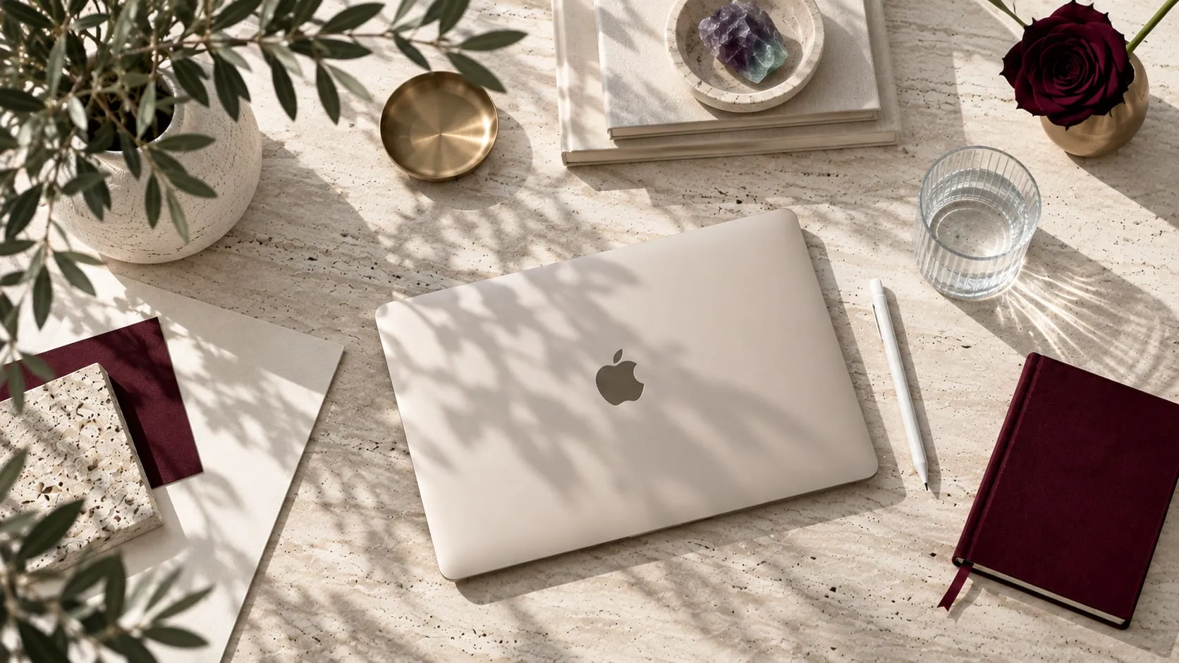 Desk with a laptop, a burgundy notebook and plants in natural light