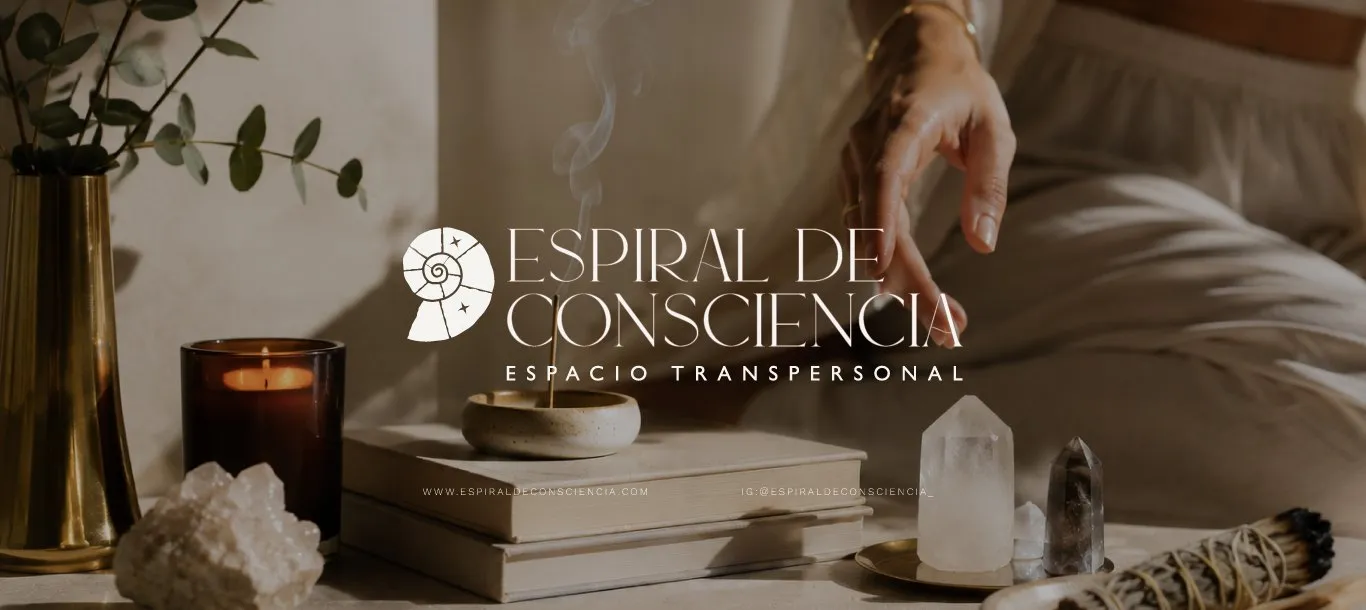 Espiral de Consciencia logo over a scene of candles, crystals, and sage