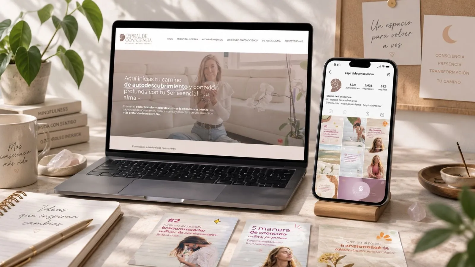 Website on a laptop and phone with social pieces