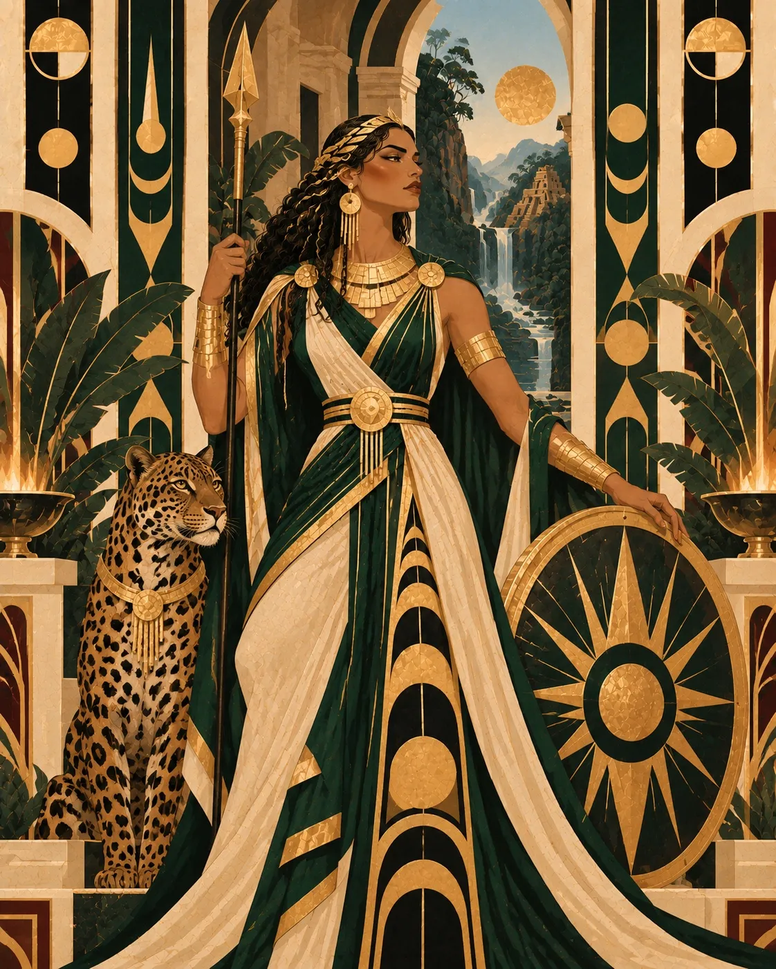 La Guardiana with a spear and a sun shield beside a jaguar, with a waterfall and a temple behind her