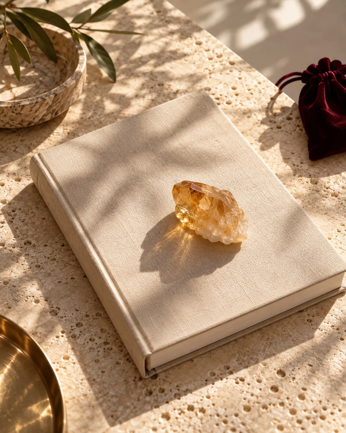 Linen-bound book with a citrine crystal on light stone under leaf shadows