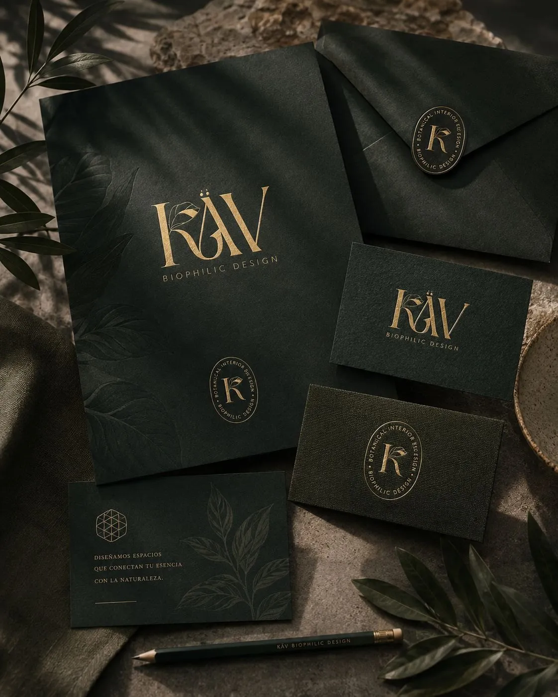 Dark green stationery with a gold logo and seal