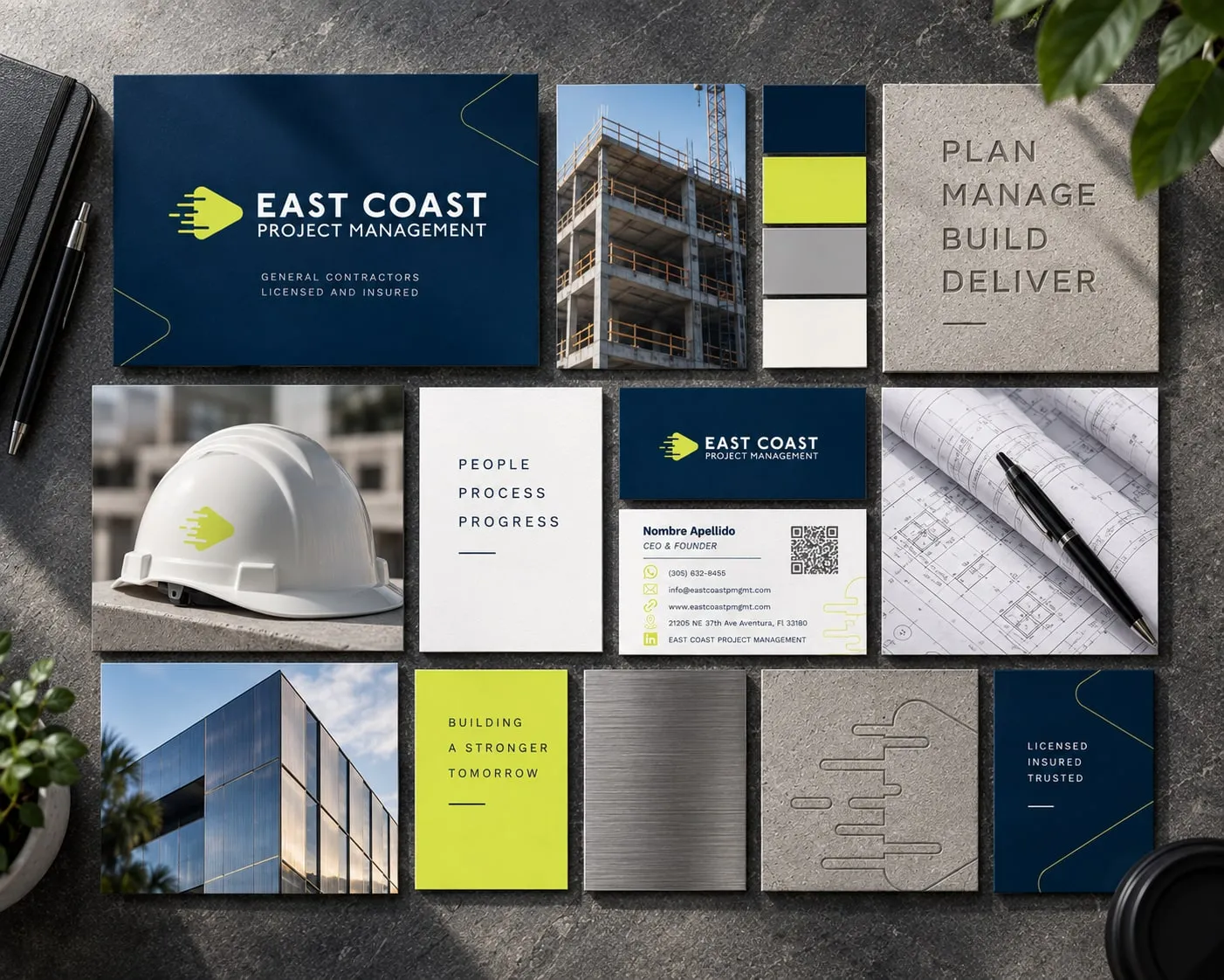 East Coast Project Management brand board with logo, palette and construction imagery