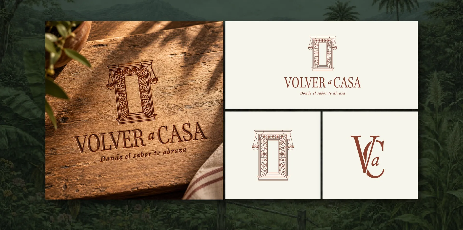 Volver a Casa logo on wood, with its seal and monogram