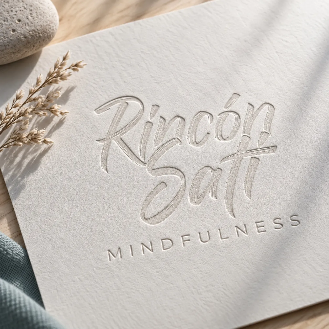 Rincón Sati logo embossed on textured paper