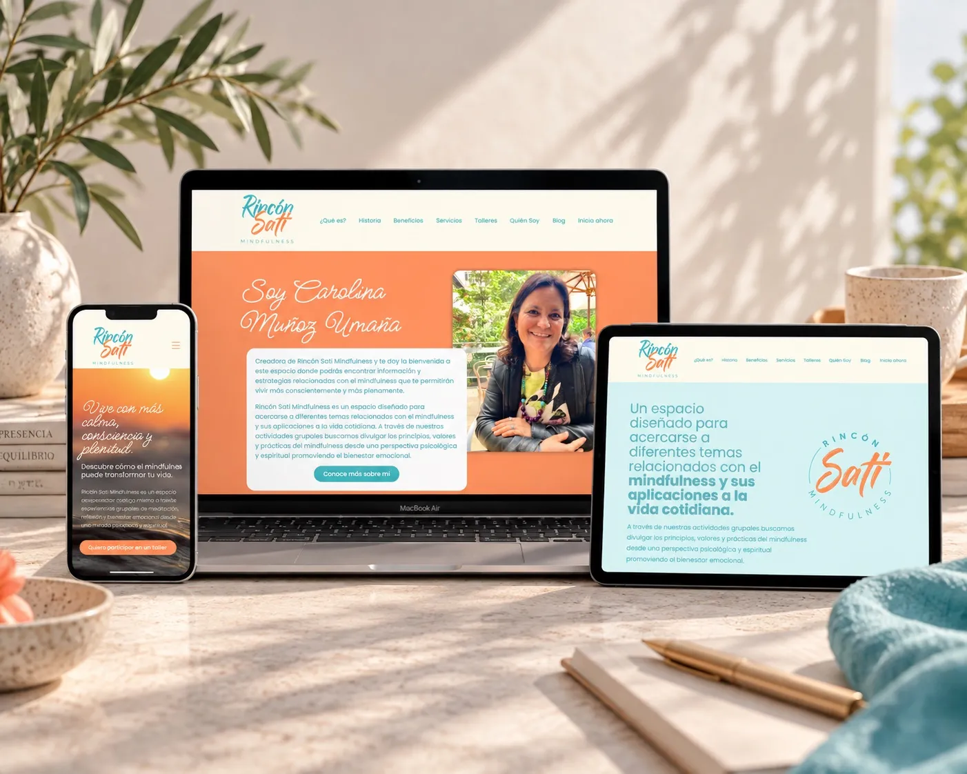 Laptop, phone and tablet showing the Rincón Sati website