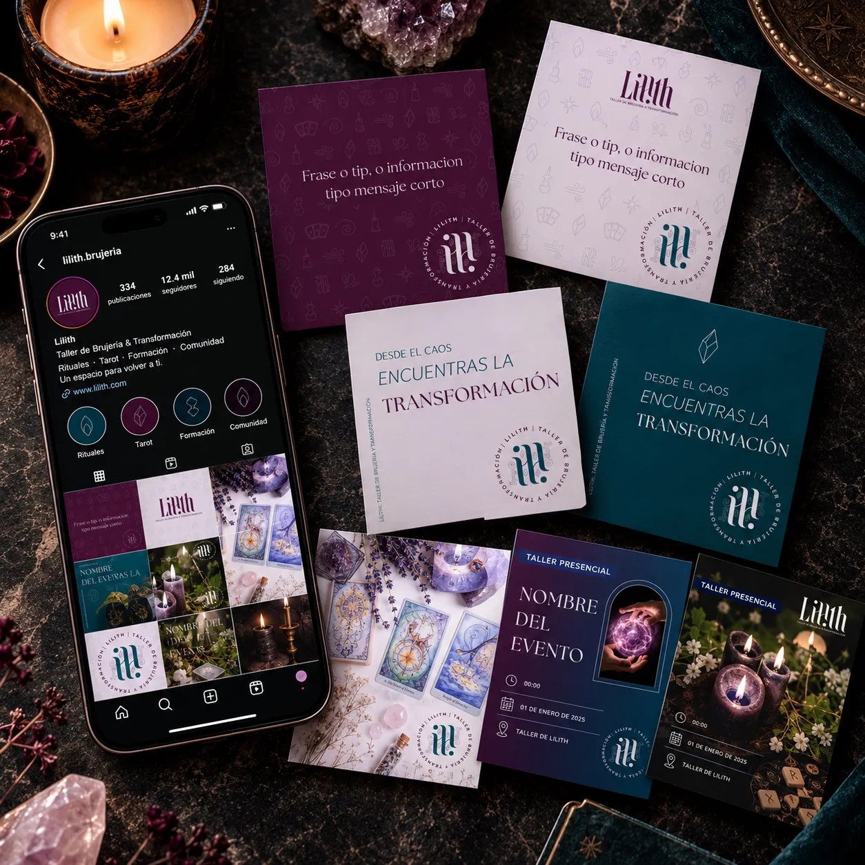 Lilith brand pieces and Instagram profile on dark stone