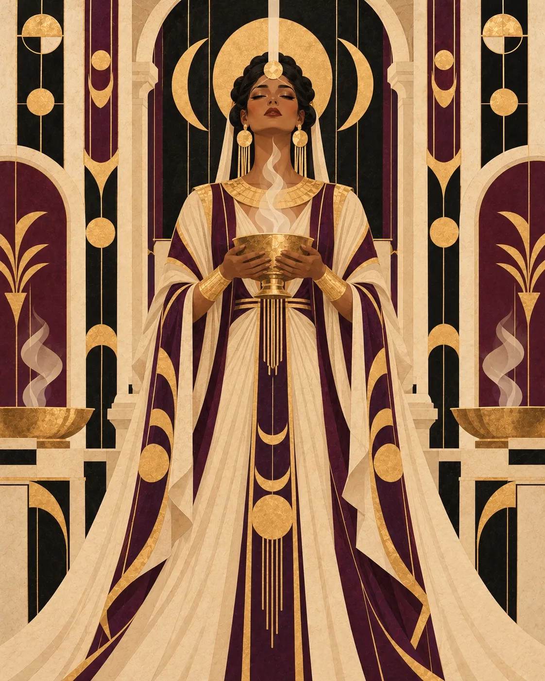 La Sacerdotisa with closed eyes holding a golden chalice amid incense, in an ivory and plum robe with a crescent moon behind her