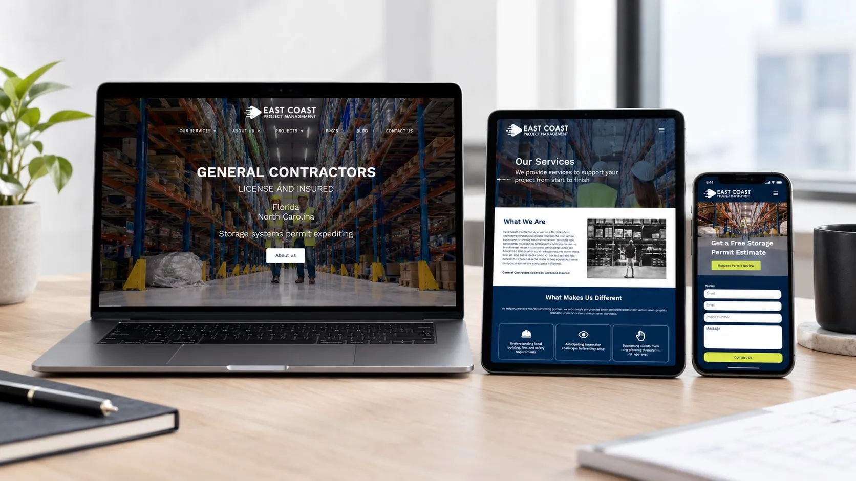 East Coast Project Management website on laptop, tablet and phone