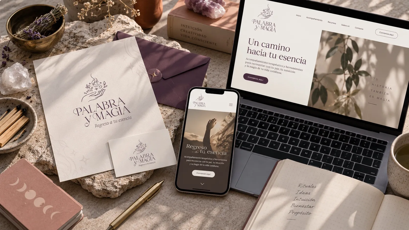 Sitio web de Palabra y Magia en portátil y teléfono junto a sobres y un cuaderno