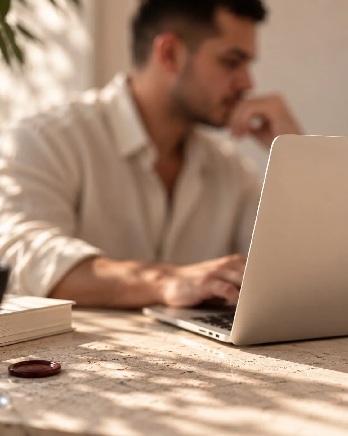 Person writing on a laptop at a stone desk in warm light