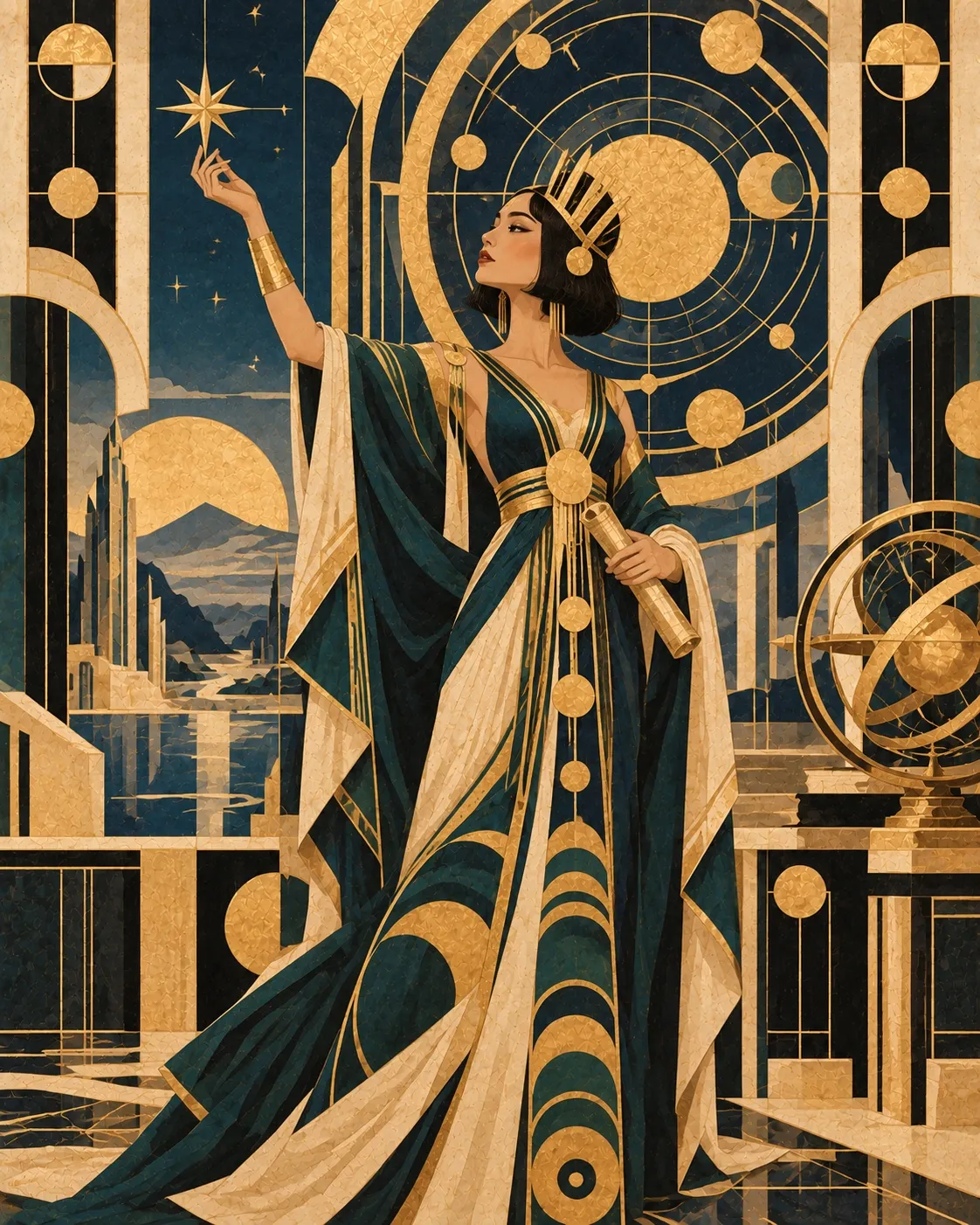 La Visionaria raising a hand toward a star, crowned and robed in teal, beside an armillary sphere and golden orbits
